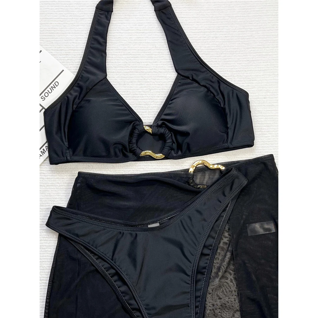 Damen-Badeanzug mit Rock, Neckholder-Bikini, dreiteiliges Bikini-Set, brasilianischer Badeanzug mit Polsterung, Badebekleidung, Badeanzug V6368 – Detail 14