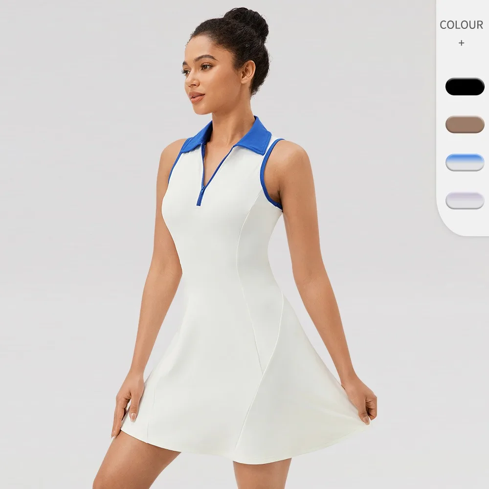 Women One Piece Collared Color Block Tennis Dress Waist Cinched Quick Dry Breathable Fitness Casual Dress