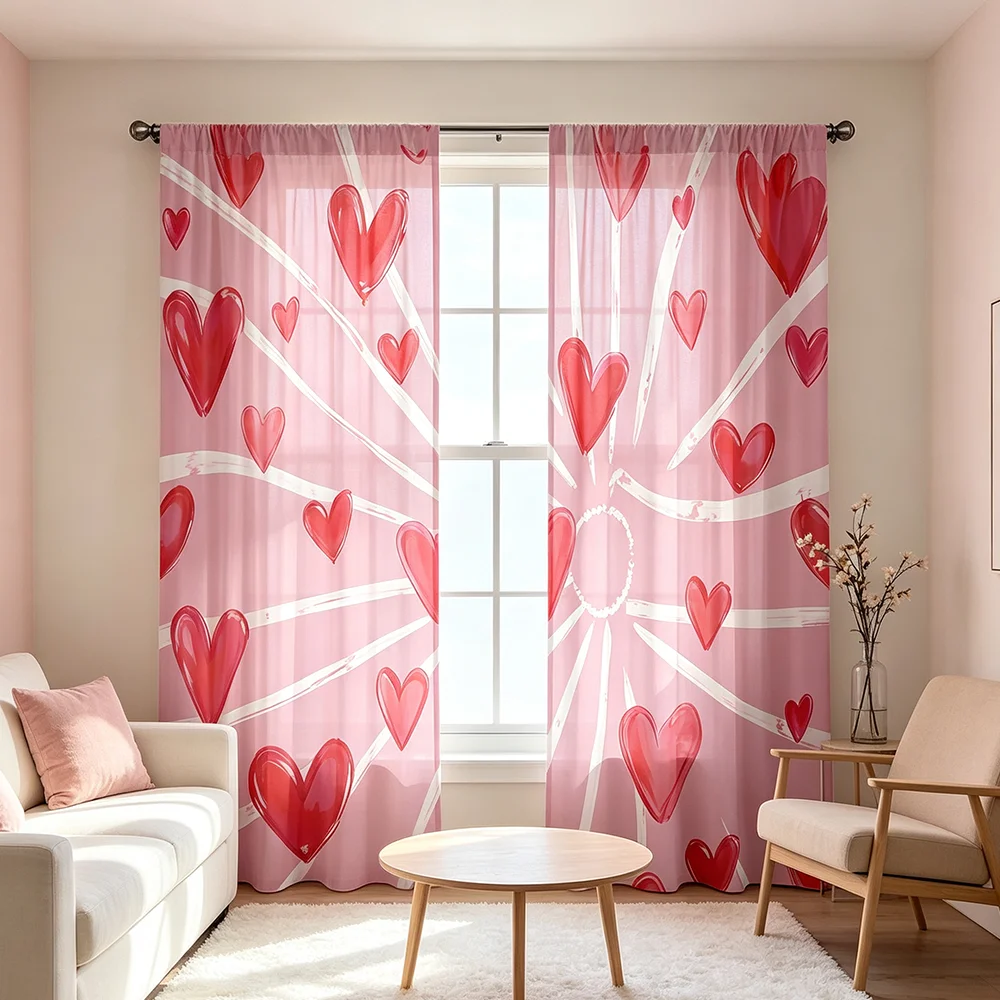 2PCS Digital Print Curtain, Red Heart Sunburst Radiating Ray Pattern on Pink Background, Romantic Valentine's Day Home Decor