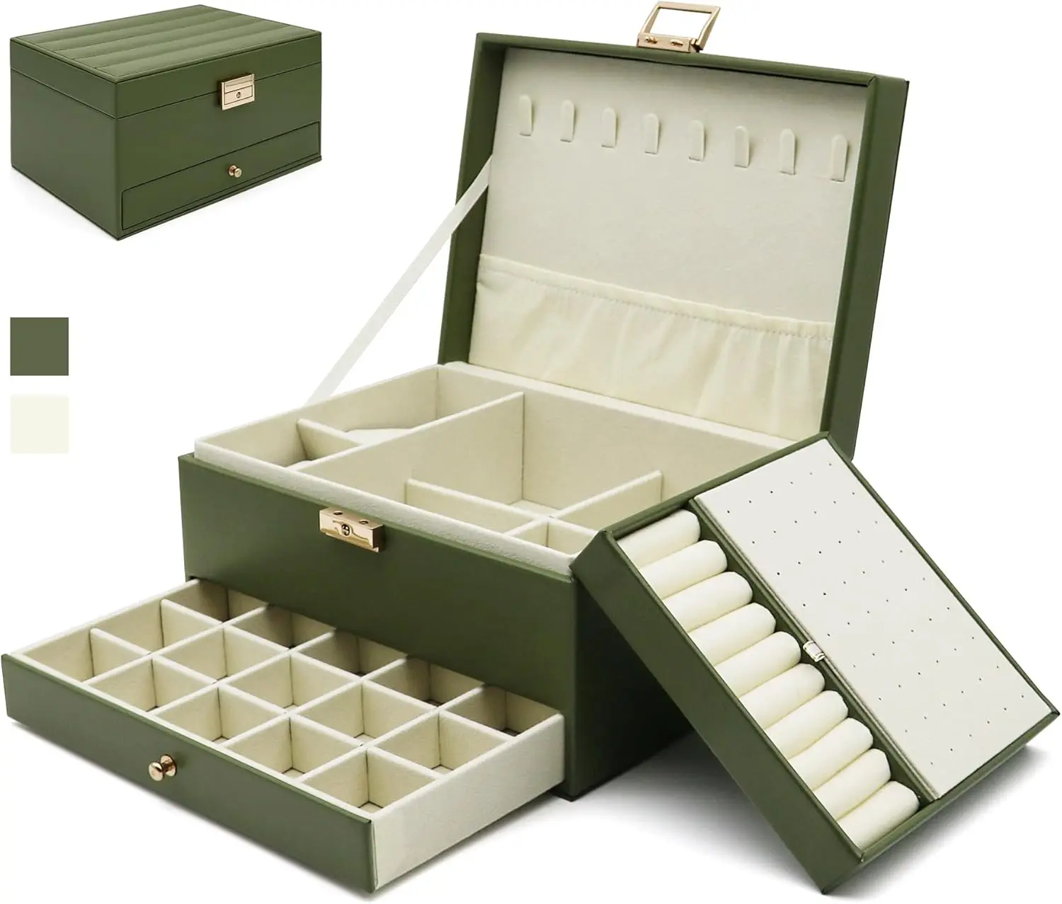 

Jewelry Organizer Box, 3-Layer Leather Storage Case for Earrings, Rings, Necklaces, Bracelets, Watch - Olive Green
