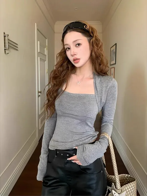 

Женский трикотажный топ больших размеров в корейском стиле с квадратным вырезом, цветной, с длинным рукавом, облегающий, универсальный, для повседневной носки