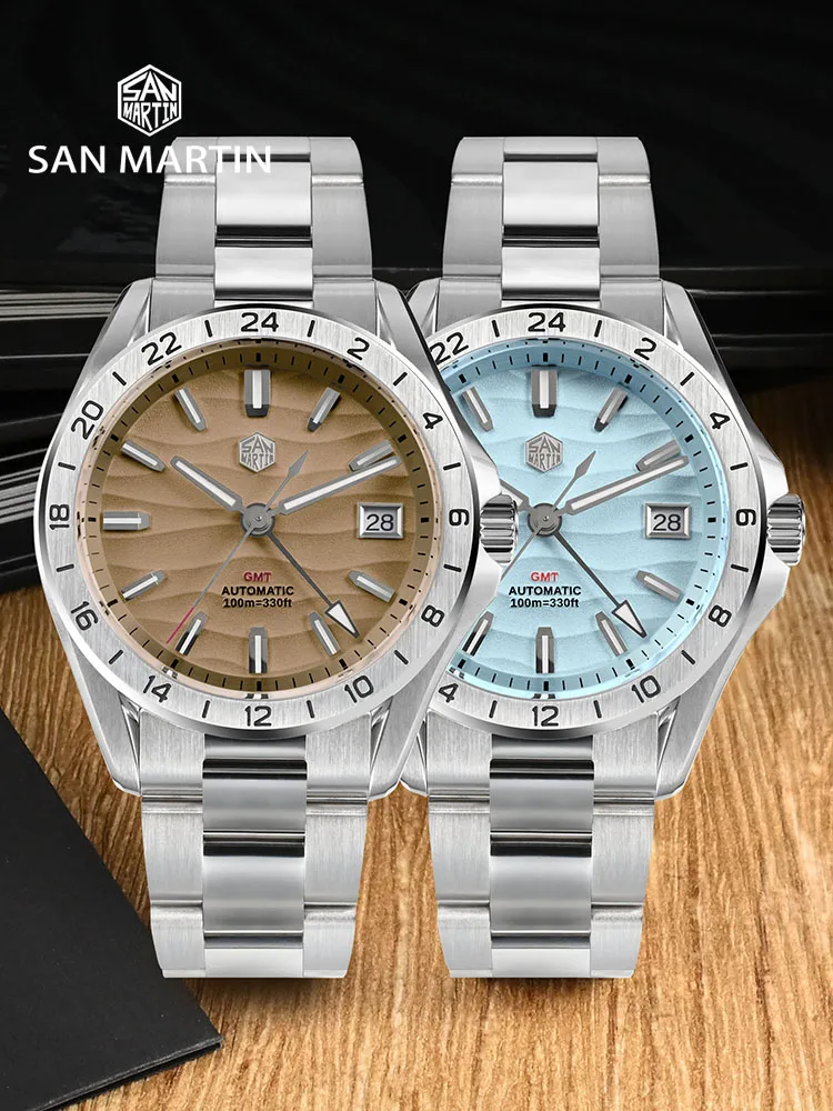 San Martin Neue 39mm Wüste Textur Luxus Männer Business Kleid GMT Uhr NH34 Automatische Mechanische Wasserdicht 100m Leucht SN0129