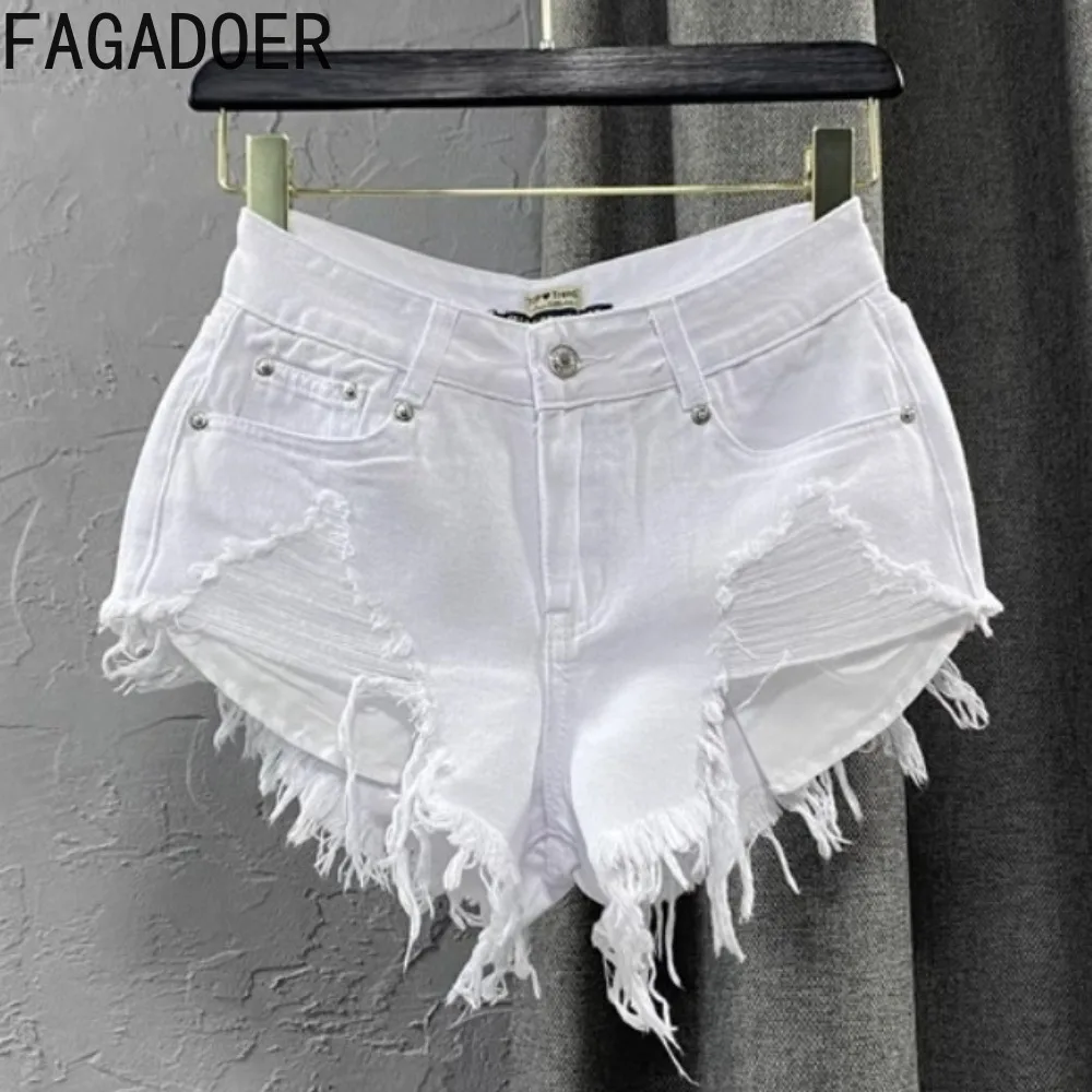 

FAGADOER White Fashion Hole Tassels Jean Shorts Women High Waist Button Pocket Denim Shorts Casual Female Slim Cowboy Bottoms