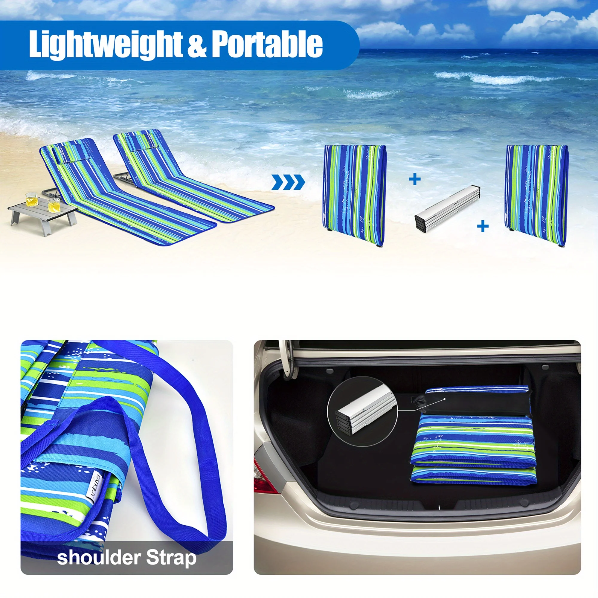 Lounge Chair Mat Set - Adjustable Chairs with Sunbathing Table, Striped Style for Ultimate Relaxation