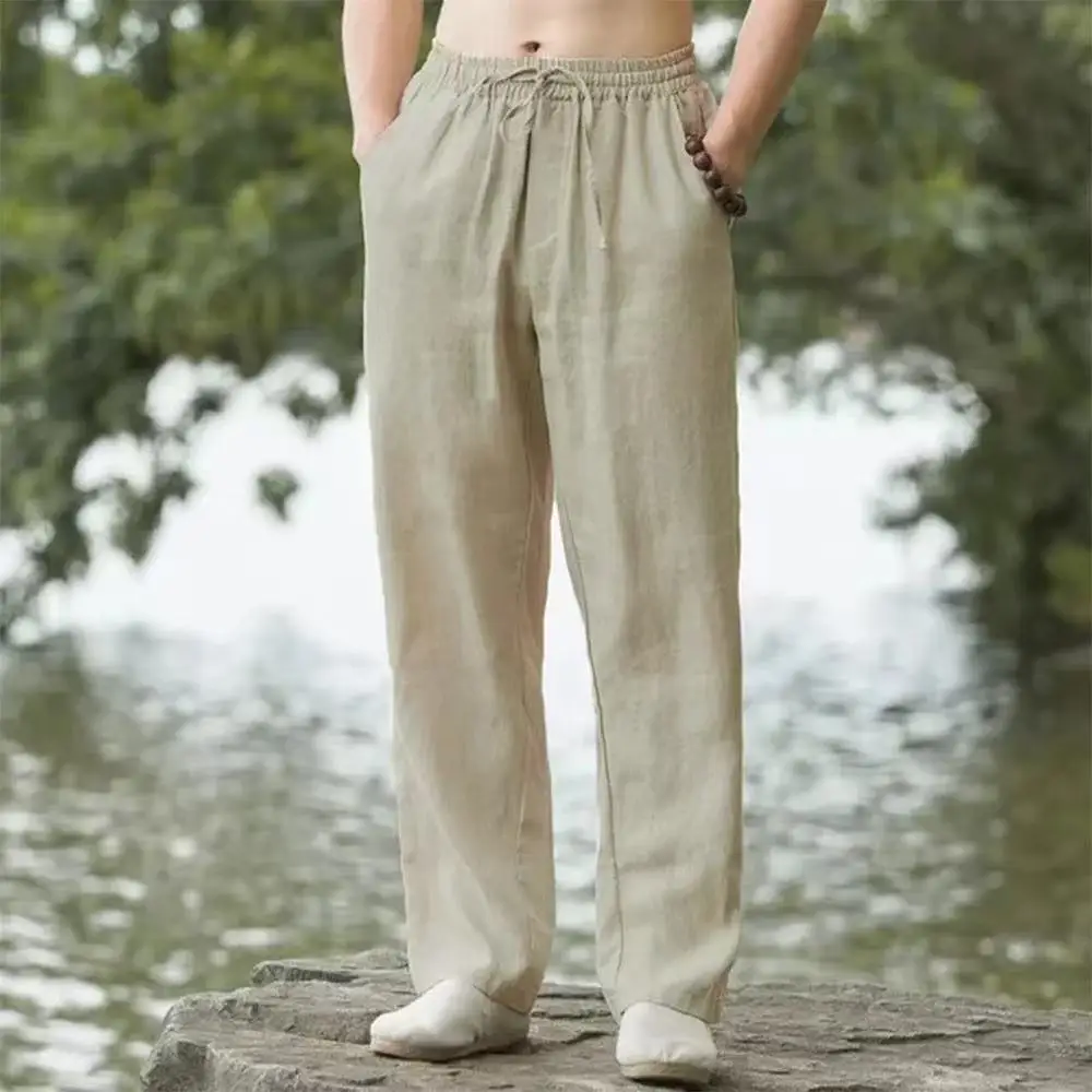 Men's Cotton Linen Pants Male Autumn New Breathable Solid Color Linen Trousers Fitness Streetwear S-3XL