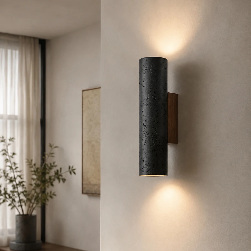 Black Cave Stone Texture Up Down Wall Sconce Wooden Base GU10 Double Head Light Fixture Modern Cylindrical Lamp for Living Room
