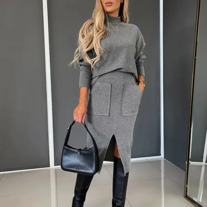 Chic Commute Office Outfits Lady Solid Turtleneck Top And Slim Slit Pocket Suits Elegant Women Knitted Skirt Two Piece Set