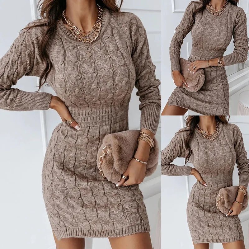 

Women's Round Neck Long Sleeve Hip-wrapped Sweater Dress-tight Waist Mid-long Autumn and Winter Style, Fashionable and Elegant