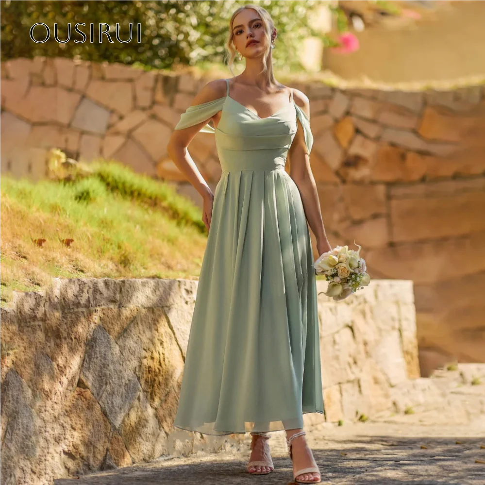 Cocktailkleider mit Spaghettiträgern, Chiffon-Korsett, knöchellang, gerüscht, A-Linie, Partykleider, maßgeschneidert, Kleid für den Abschlussball