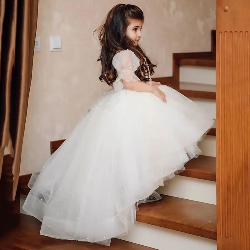 Pérola tule vestido da menina da flor de manga curta hight-baixo para o casamento vestido de baile de aniversário primeira comunhão sagrada vestidos