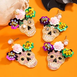 Pendientes de diamantes de imitación con calavera de azúcar y flores coloridas para Halloween del Día de los muertos, joyería para fiesta y vacaciones, accesorios para regalos