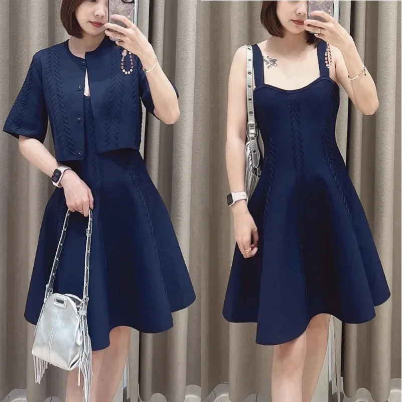 CHUJIE 2025, Sommer-Strickset im französischen Stil mit Schnürung – ärmelloses Westenkleid und Strickjacke mit Knöpfen, Viskose-Nylon-Mischung – MJ