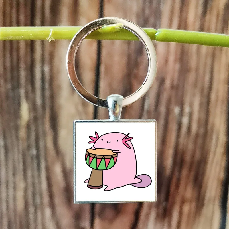 Axolotl Square Pendant Keychain High Quality Metal Key Rings Cartoon Axolotl Cute Key Chains