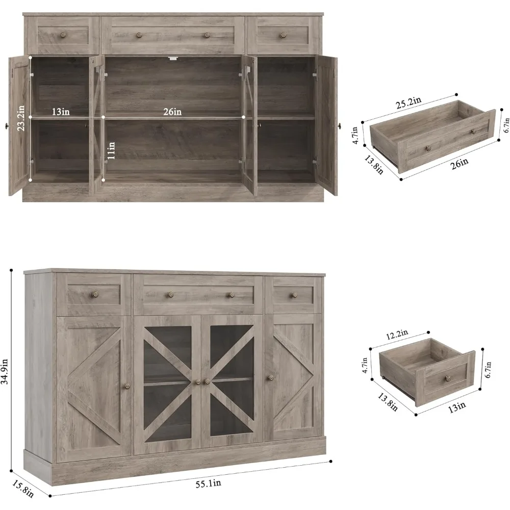 Buffet Sideboard 55" Large Storage Cabinet 4 Doors and 3 Drawers, Farmhouse Wooden Coffee Bar Space-Saved Cupboard Furniture fo