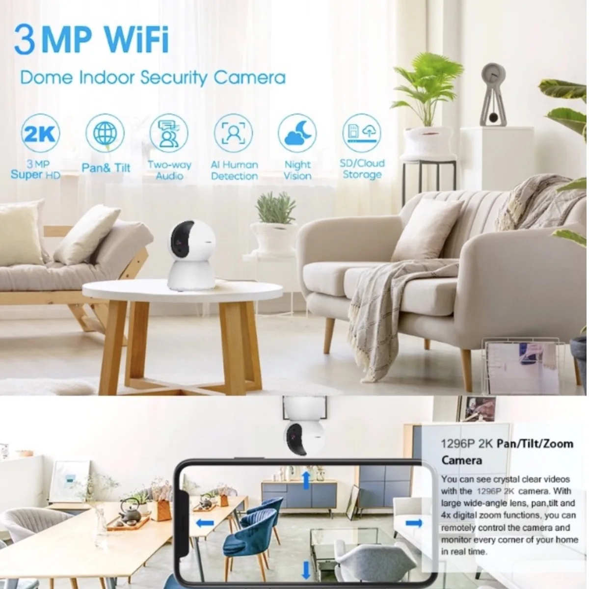 Baby Monitor Camera Indoor Security IP Camera 2K Resolution with Pan Tilt Zoom/ Motion Alerts Ideal for Baby and Pet