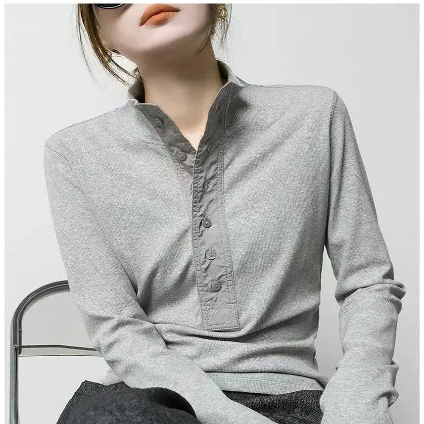 

Stand Collar Gray Patchwork Knitted Long Sleeved Lapel Top For Women 2025 New Spring And Autumn T-shirt Top