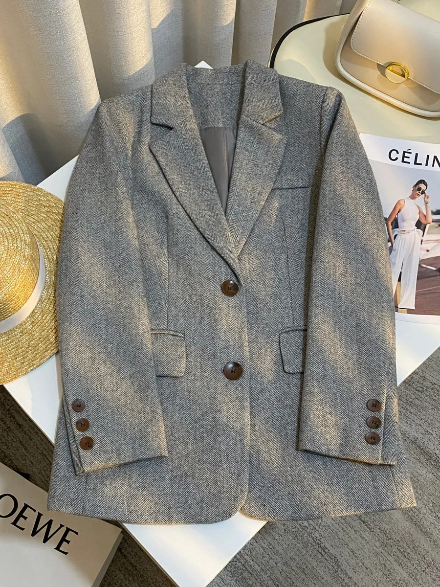 2026 New Grey  Design Suit Jacket Women's Autumn Winter Woolen Checkered Pattern Standard Fit Long Sleeve Single Button