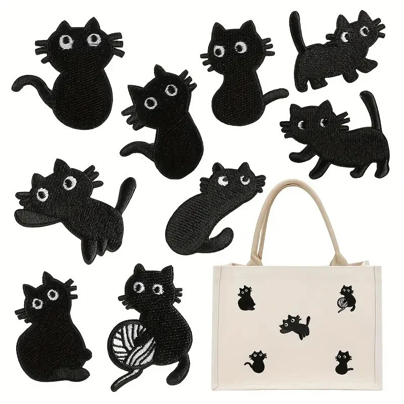 9Pcs Black Cat Embroidery Patch Fabric For Clothing Backpack Jeans Accessories Iron On Patch Repair Handmade Crafts  Supplies