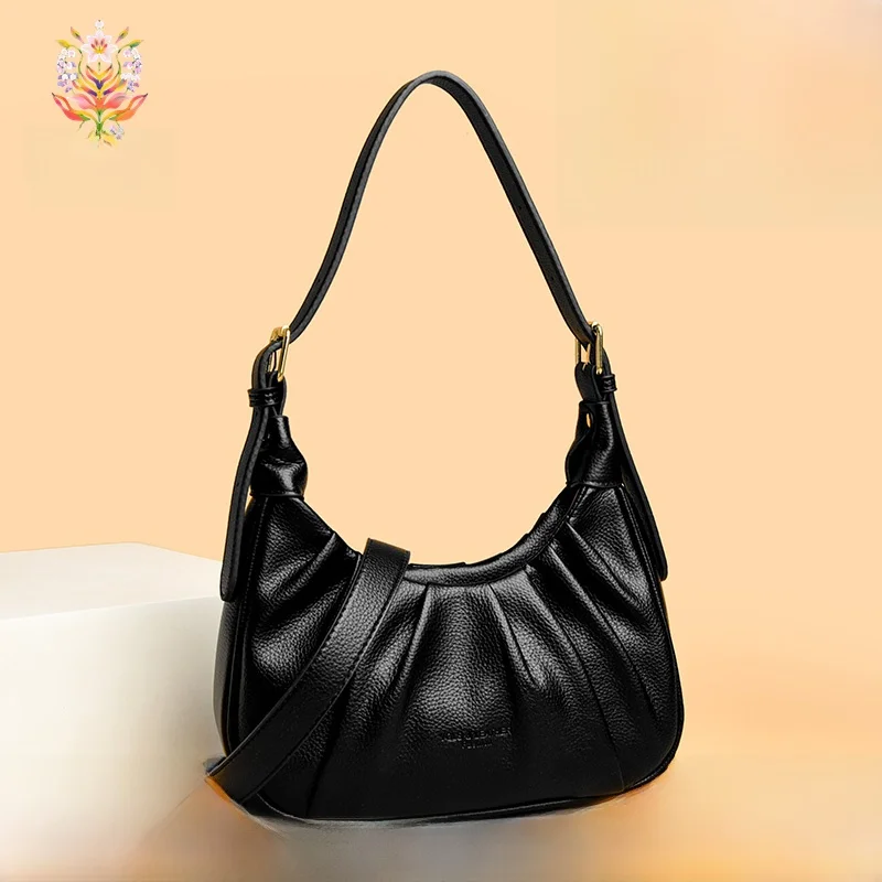 

Elegant Women's Crossbody Bag Soft Leather Folded Design Single Shoulder Bag Fashionable Commuting Style Handbag for Daily Use