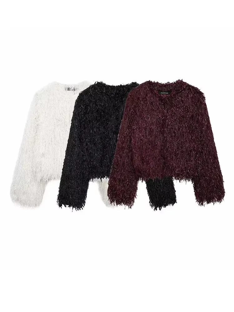 معطف نسائي أنيق من الفرو الصناعي من HH بياقة دائرية وأكمام طويلة سترة غامضة موضة شتاء 2024 ملابس خارجية للحفلات في الشارع العالي