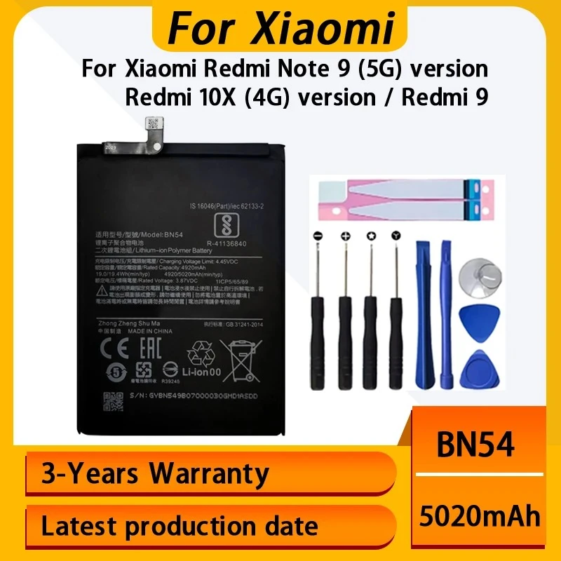 NEW 100% BN54 Battery For Xiaomi Redmi Note 9 5G Note9 / Redmi 9 / Redmi 10X 4G Phone Bateria Batteries Bateria Batterij+Tools