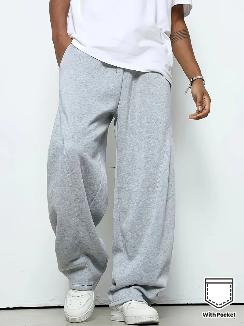 

Men's Loose Straight Leg Casual Pants - Solid Color Elastic Waistband with Drawstring Design, Suitable for Fitness and Sports