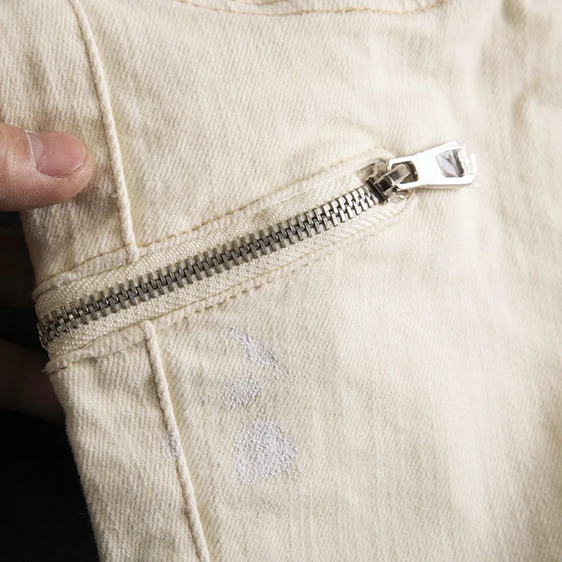 Graffiti splashed ink patchwork jeans men's beige high street cool casual fashion elastic zipper slim fit small leg pants