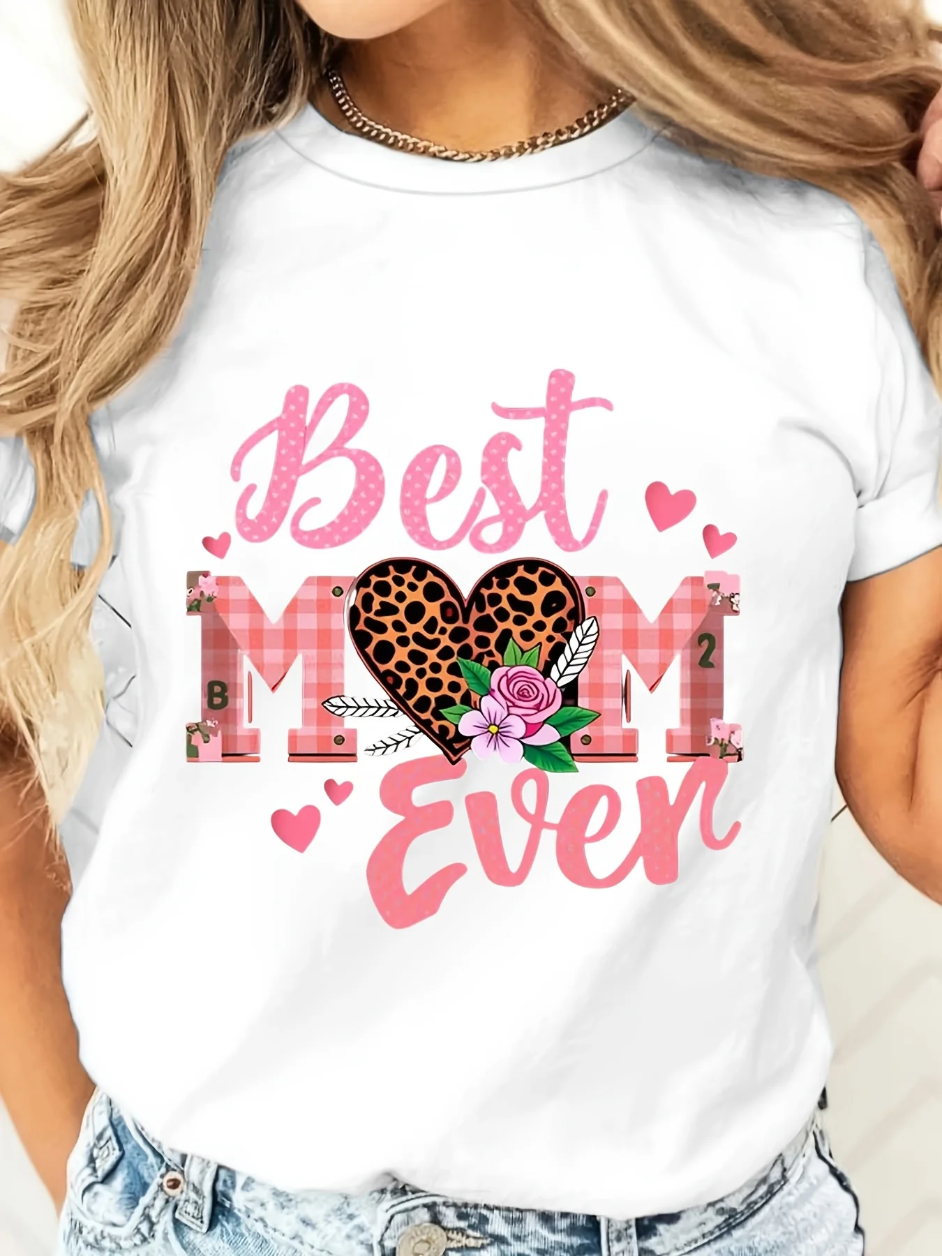 Best Mom Ever Leopard Heart Floral Print T-Shirt, Mother's Day Gift, Casual Wear