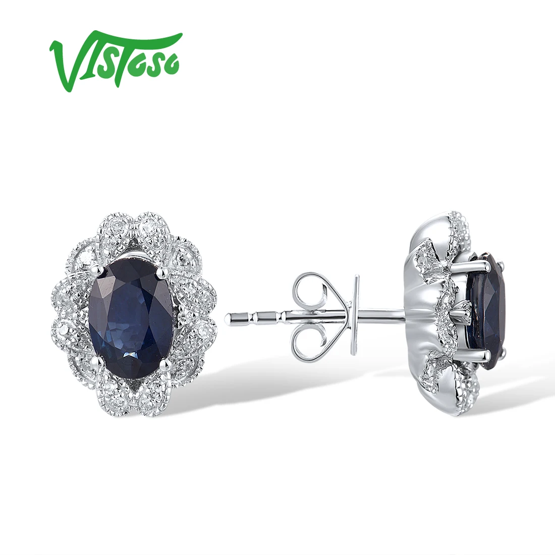 VISTOSO Real 14K 585 White Gold Stud Earrings For Women Sparkling Diamond Solitaire Blue Sapphire Simple Delicate Fine Jewelry