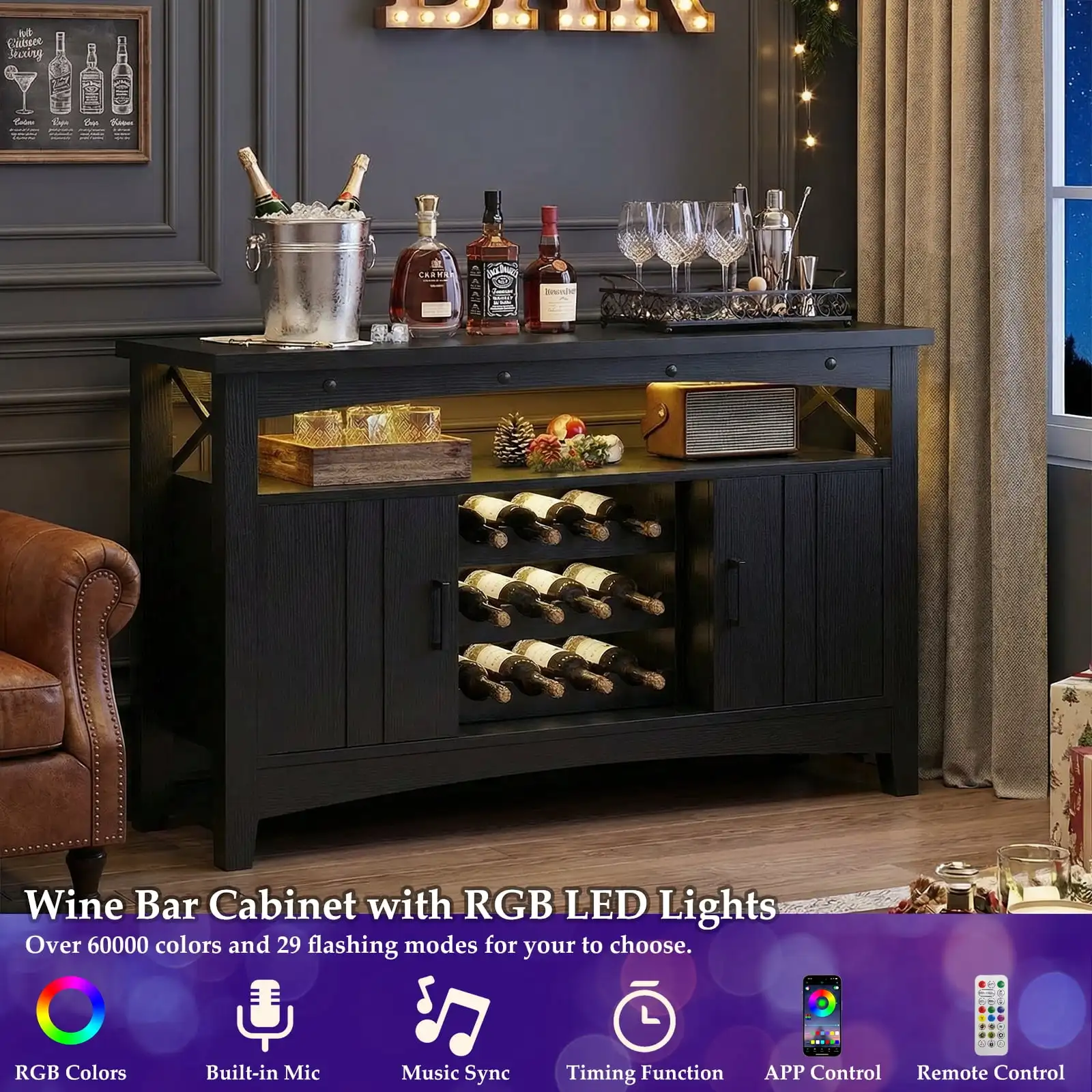 Wine Bar Cabinet with Power Outlets, Liquor Cabinet with LED Lights and Movable Wooden Wine Rack, Black