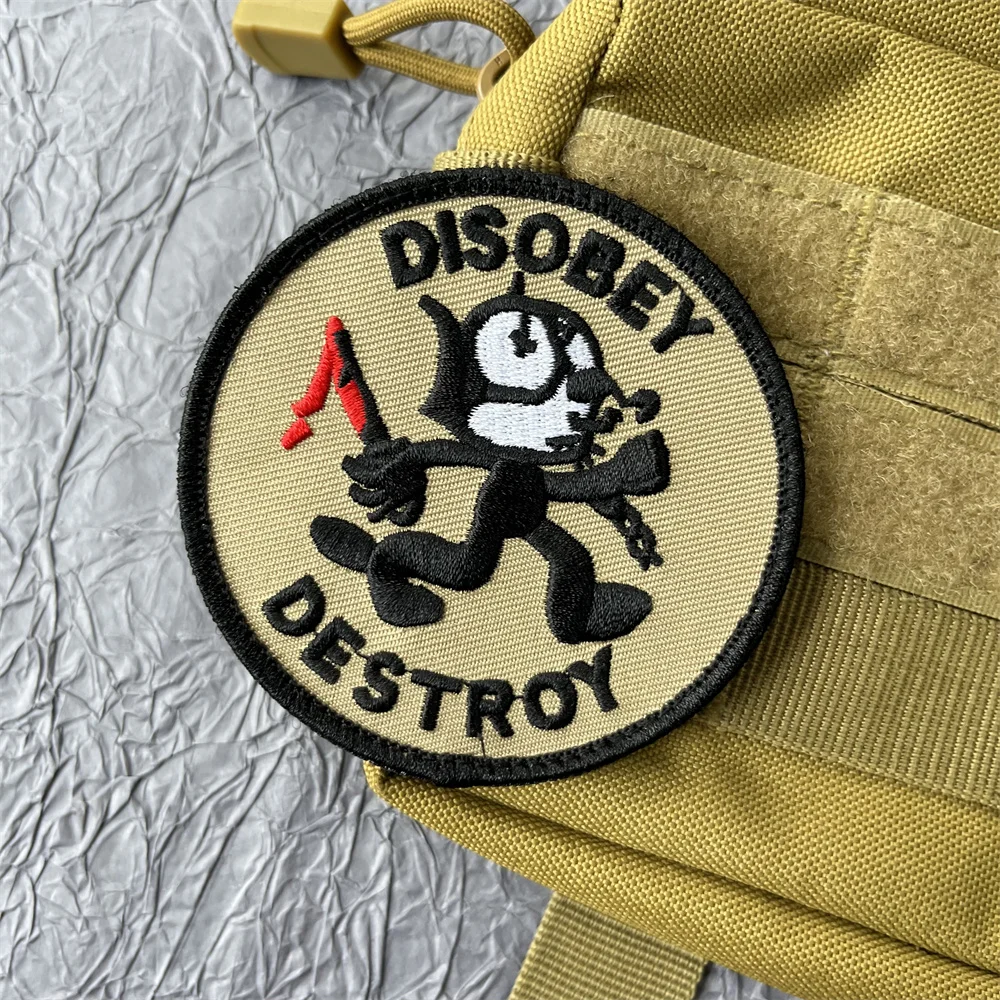 Disobey Destroy Cat Patch Embroidery on Clothes Hook and Loop Patches Backpack Tactical Equipment Morale Badge