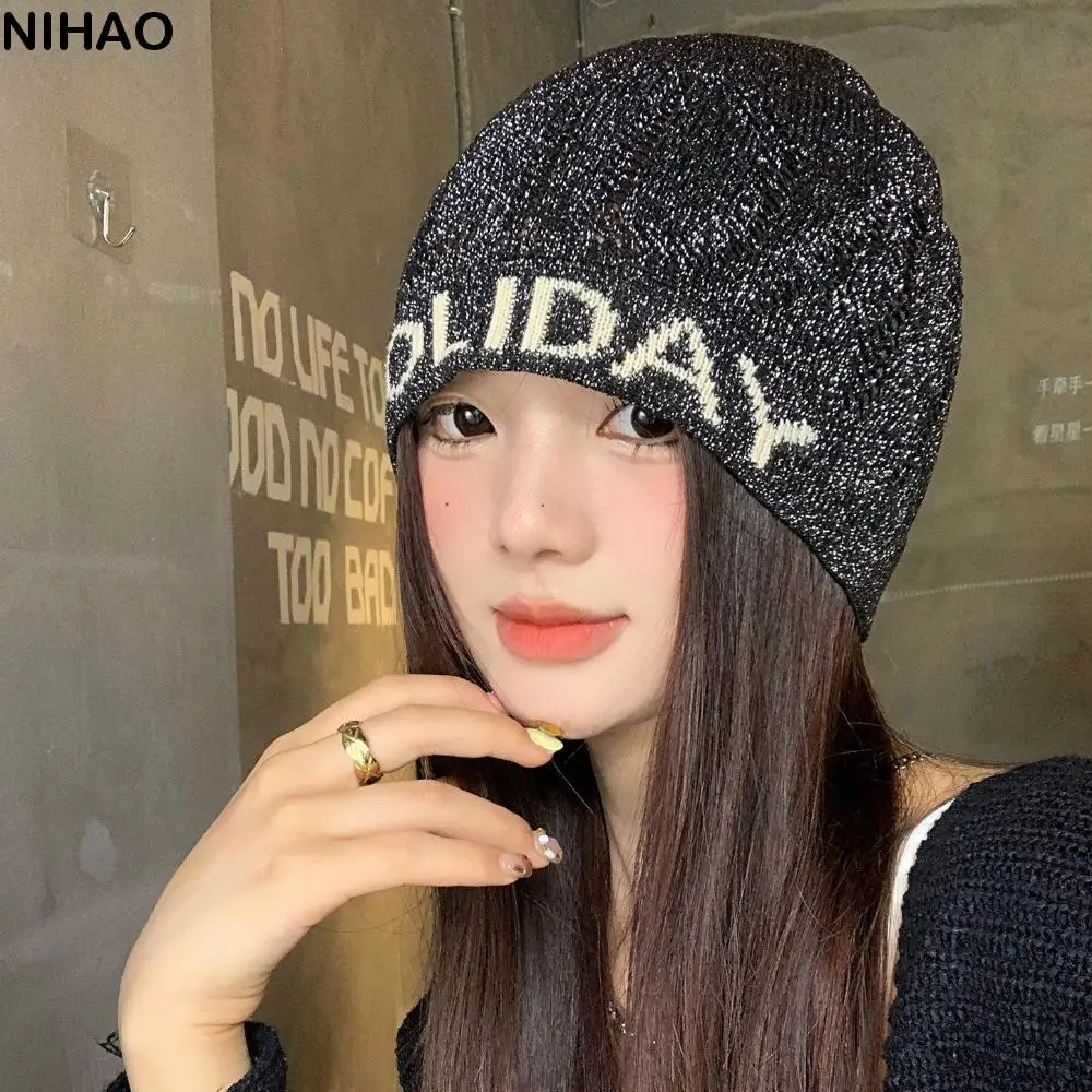 

Fashion Vintage Sequin Knitted Hat Hollow Cool Knitted Pullover Hat Mixed Color Thin Letter Beanie Hat Winter