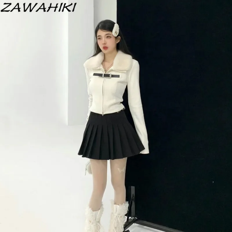 ZAWAHIKI Cropped Cardigan Korean Fashion Chic Designed Sweet Y2K Patchwork Solid Color Polo Turn-down Collar Zipper Knitwear