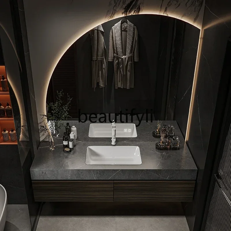 

ls 42New Arrivals D06 Light luxur rock slab bathroom cabinet seamleceramic integrated basin washbasin cabinet combination
