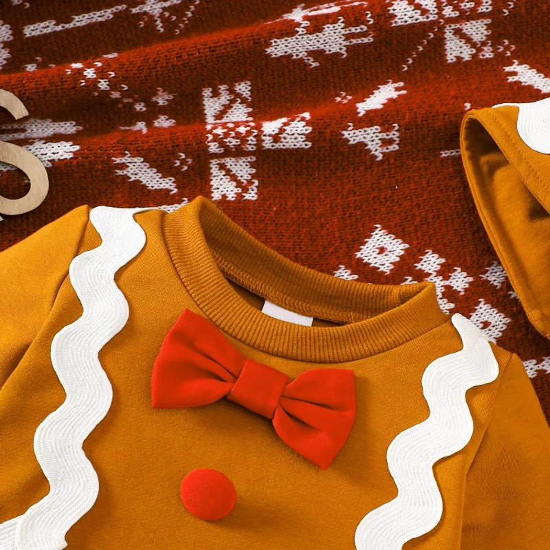 Newborn Christmas Gingerbread Romper Bow Tie Hat Set Yellow Long Sleeve Infant Toddler Holiday Bodysuit Outfit Clothes
