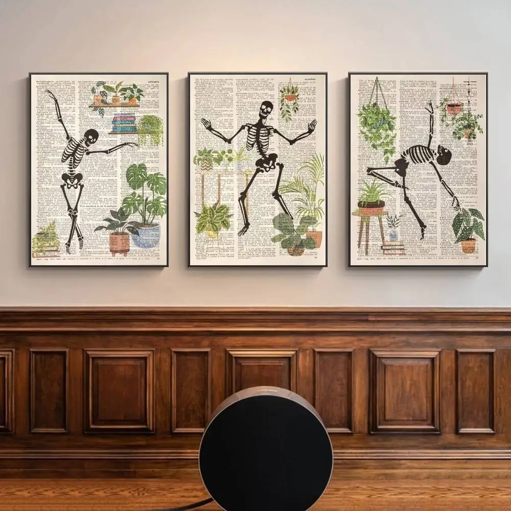 Póster de Pared con Diseño de Esqueleto Bailarín Divertido en Página de Libro Vintage, Arte Tropical para Plantas de Interior, Decoración Gótica y Académica Oscura para el Hogar