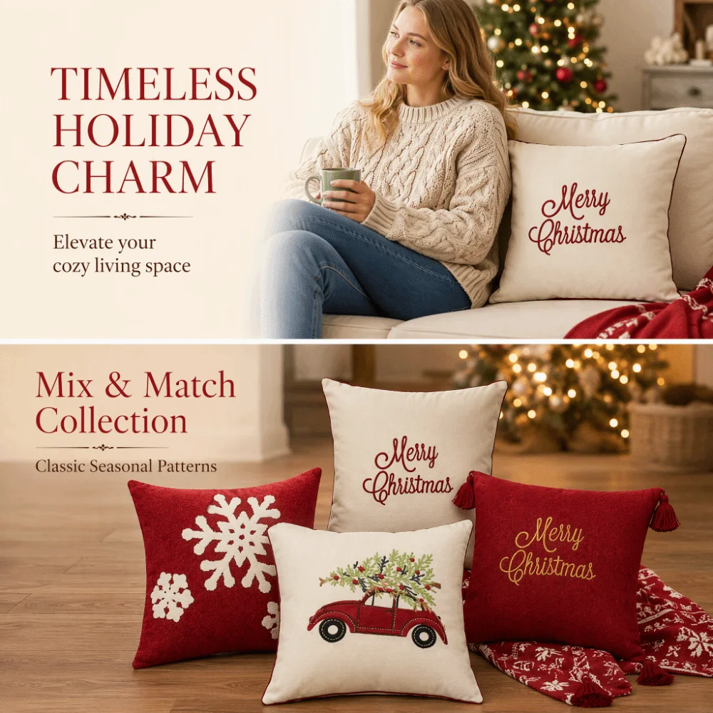 Snowflake Christmas Pillow Cover Merry Christmas Embroidered Christmas Tree Pillow Cover Soft Decorative Throw Cushion Cover