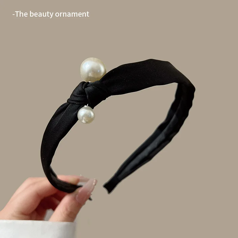 2023 New Korean Elegant Bows Hairband Women\'s Pearl Black Headband Headwear Satin Wide Edge Hairhoop Hair Accessories