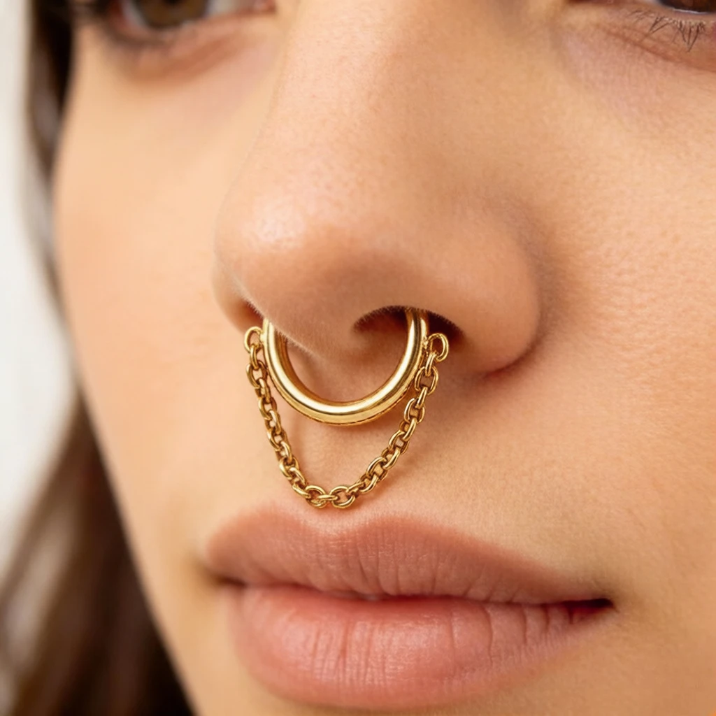 F136 Titanium Hinge Segment Nose Ring with Welding Chain CZ Septum Ring for Women 16g Cartilage Tragus Earrings Body Jewelry