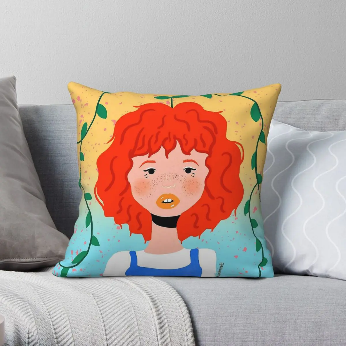 Whimsical Redhead Girl Botanical Square Pillowcase Polyester Linen Velvet Printed Zip Decorative Home Cushion Case