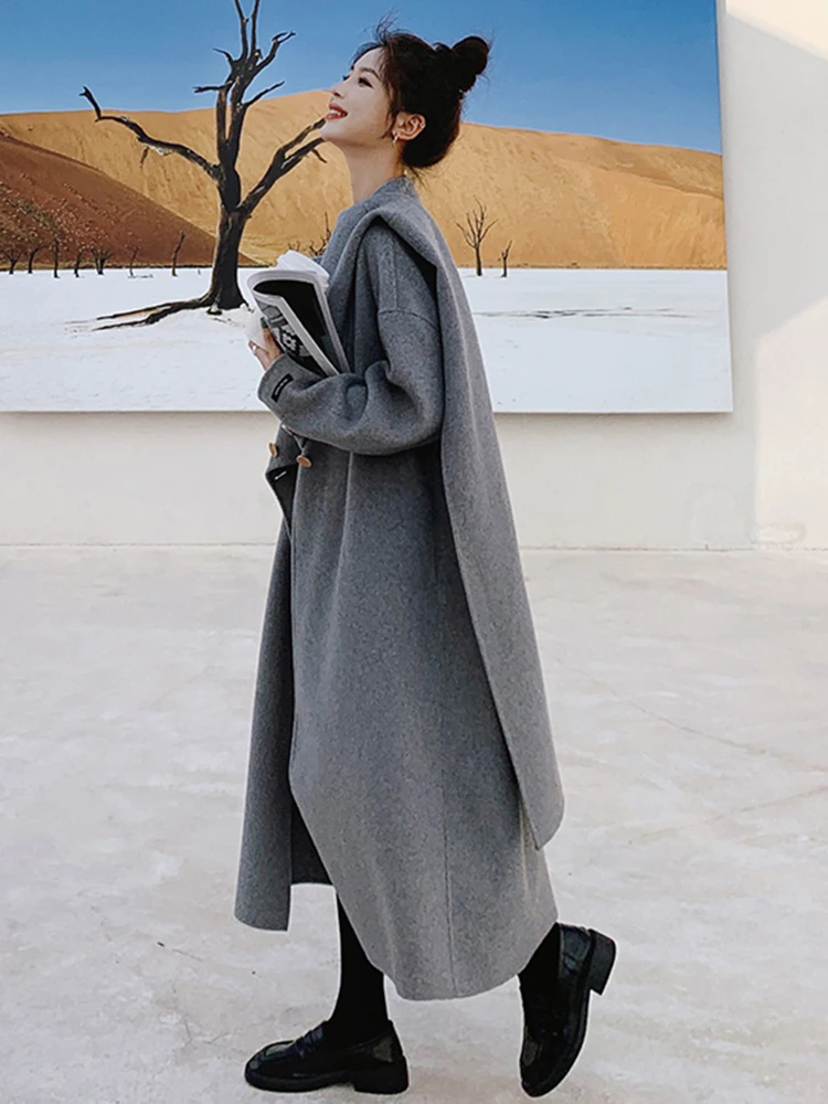 LANMREM Wool Coats For Women Scarf Collar Long Length Irregular Buttons Coat Gray Color Female High End Luxury Clothing 2R7870