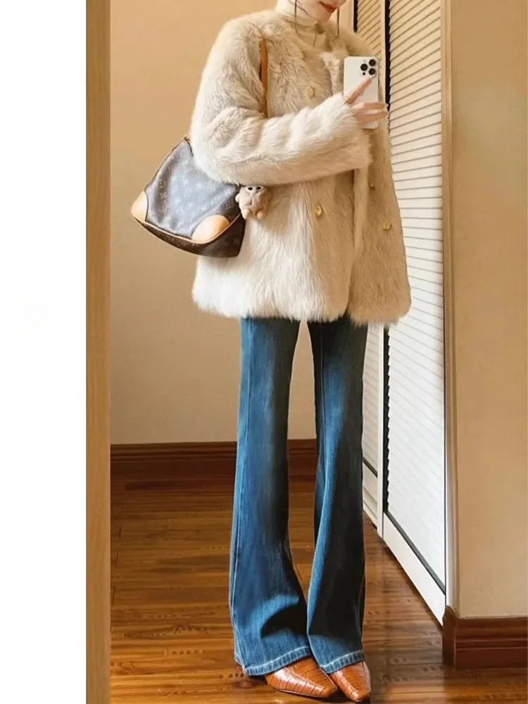 الرجعية عالية الخصر بسط التخسيس حجم كبير المرأة جرس بوت الجينز عادية Sle مريحة الدينيم السراويل ربيع 2025