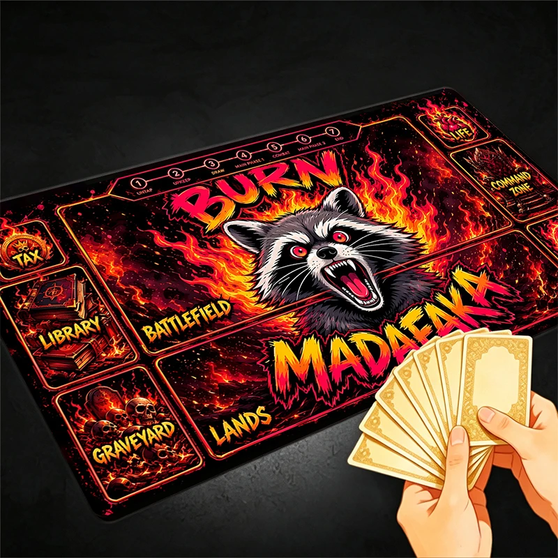Angry Raccoon Design TCG Playmat Magic Playmat Gathering Gaming Mat with Stitched Edge Anti-slip base 60X35cm Trading Card Game