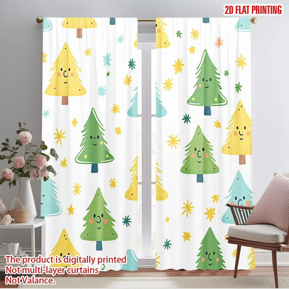 2pcs,2D plane printing Window Curtain Cute Christmas Tree Festive (3) Versatile 100% Polyester (without rod) Holiday Perfect for