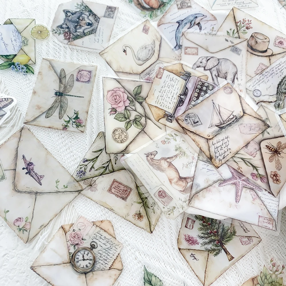 50pcs Vintage Envelope Transparent PET Stickers Decals For Phone Laptop Notebook Refrigerator DIY Aesthetic Waterproof Stickers