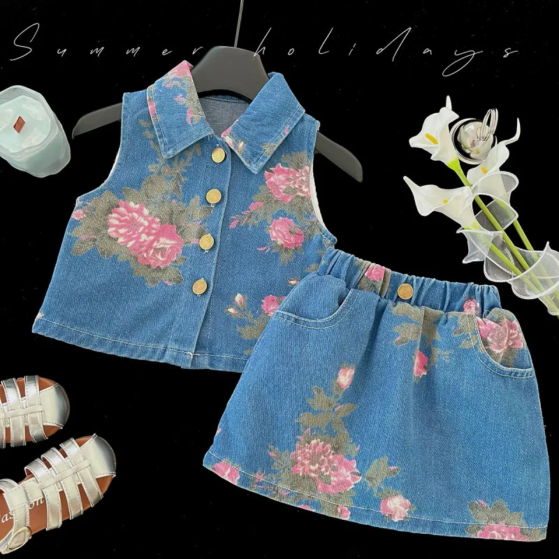 

Children's Outfit Skirt New Summer Girl Baby Denim Casual Top Half Skirt Fresh Print Two-Piece Set