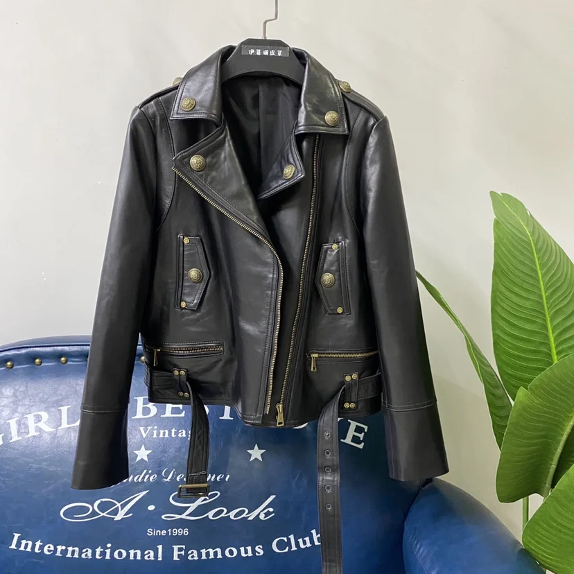 

2023 Spring New Sle Women's ort Leather Jaet Bla Square Collar eepskin Biker Clothes Leather Coat Versatile