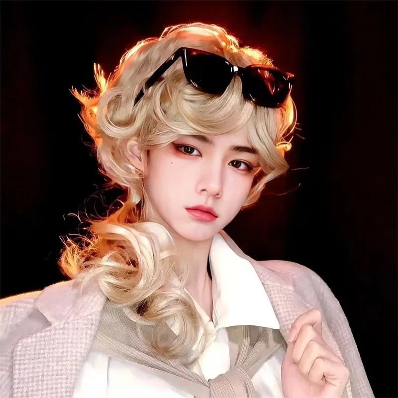 Wig Cosplay pria wanita, rambut palsu gaya Gotik untuk pria atau wanita tertinggal rambut keriting panjang, Wig pirang