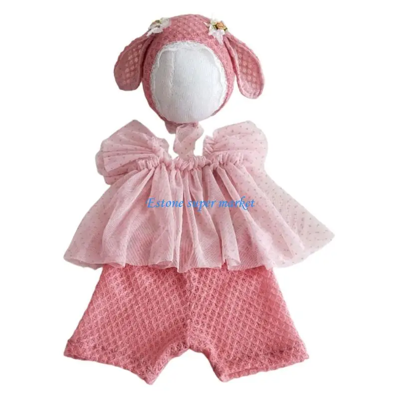 090B 1 Set Newborns Photoshoots Dress Lace Bodice Tulle Skirt Cotton Lining Baby Girls Outfit with Animal Ears Hat
