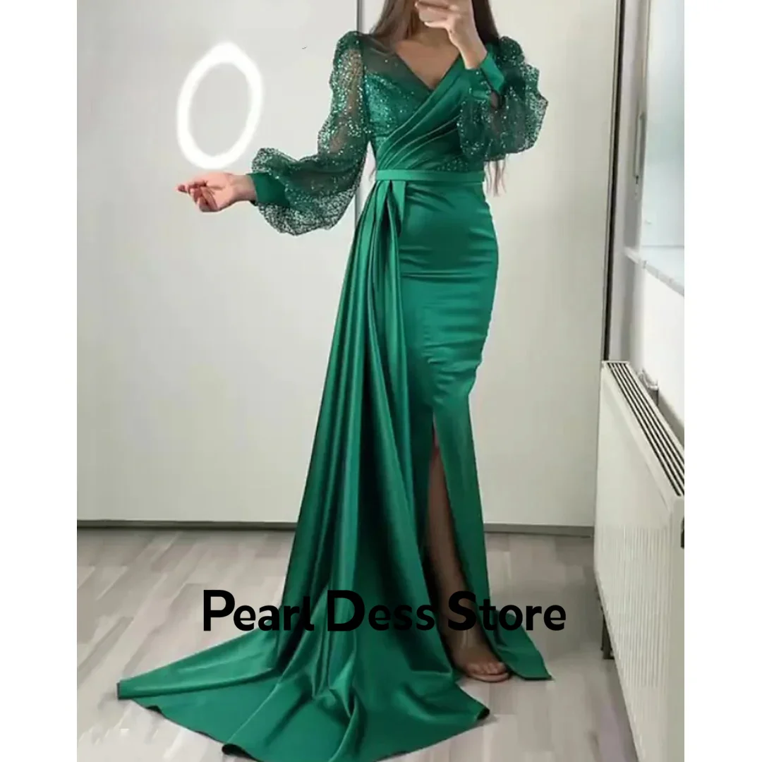 

Women's sequined long sleeved satin evening dress, green fishtail party dress, side slit tight fitting corset dress